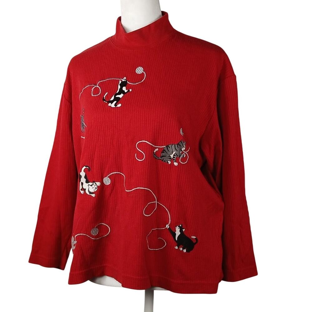 Vintage Red Mock Neck Kittens with Yarn Sweatshirt Size S Petite Longsleeve Xmas